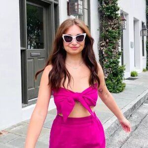 Express Women's Linen-Blend Tie Front Bandeau Top